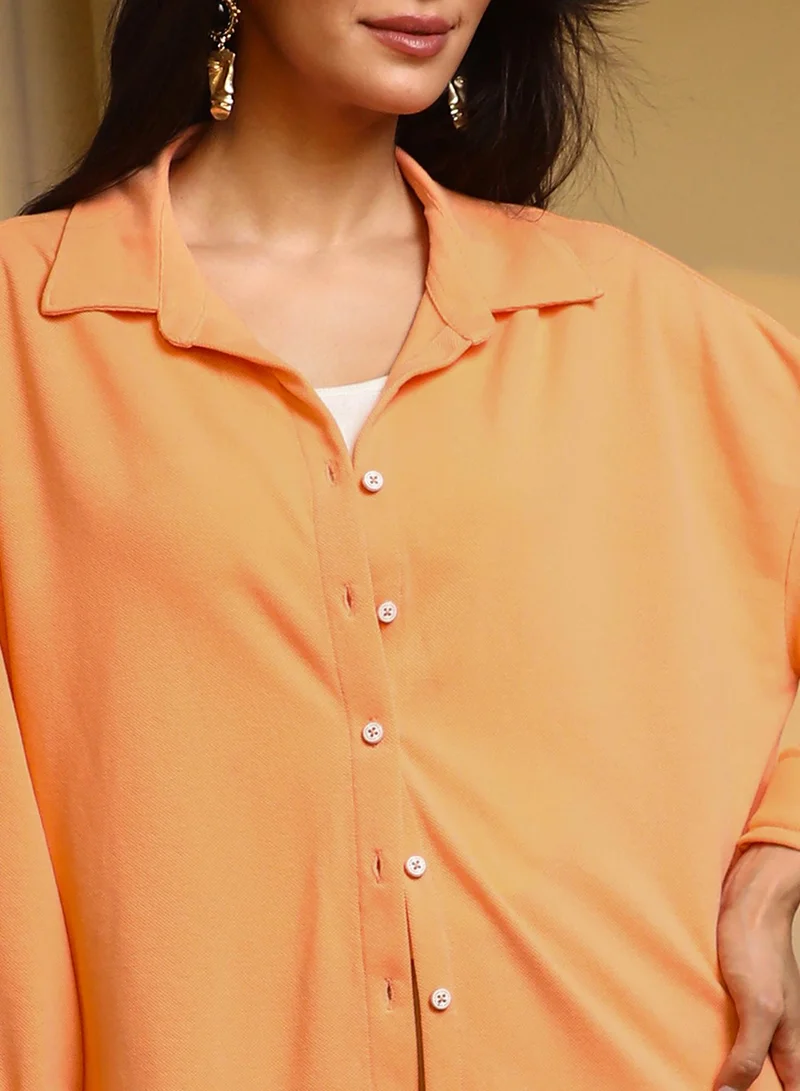 PINACOLADA Women's Cantalope Orange Solid Boxy Shirt For Casual Wear | Spread Collar | Long Sleeve | Button Closure | Shirt Designed With Comfortable Fit For Woman & Girls