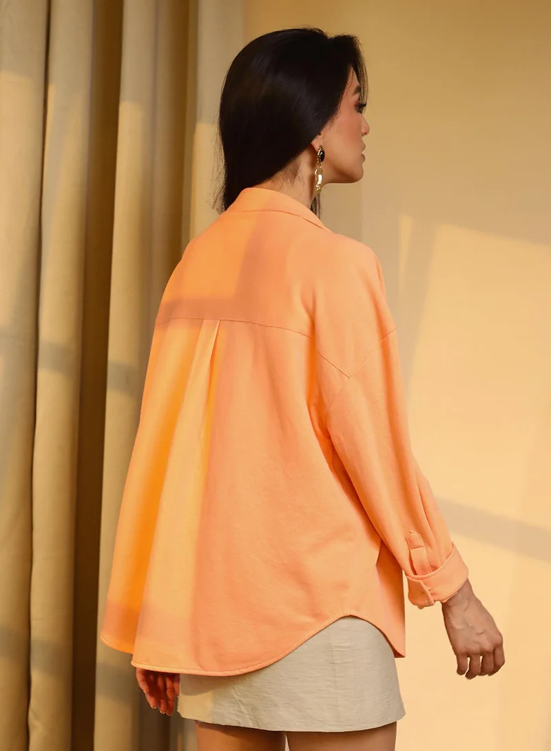 PINACOLADA Women's Cantalope Orange Solid Boxy Shirt For Casual Wear | Spread Collar | Long Sleeve | Button Closure | Shirt Designed With Comfortable Fit For Woman & Girls