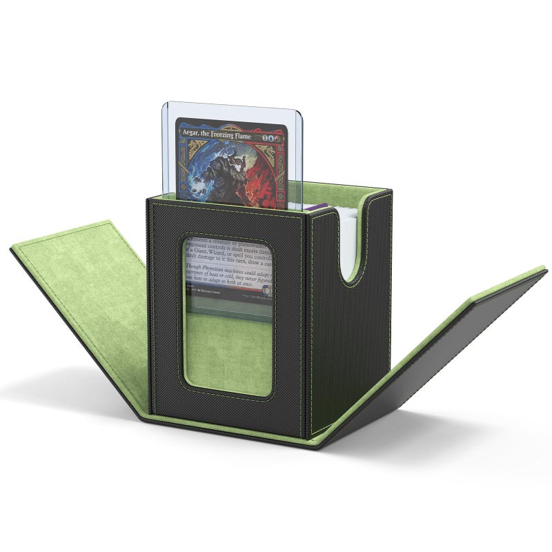 ZLCA MTG Deck Box with Commander Window Display, Trading Card Storage Box Holds 100 Double-Sleeved Cards Suitable for TCG/CCG/PTCG/EDH/Magic/Sport Cards (Black&Green) - Image 1