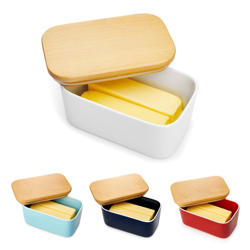 Sweese Large Butter Dish - Airtight Butter Keeper Holds Up to 2 Sticks of Butter - Porcelain Container with Beech Wooden Lid, White - Image 1