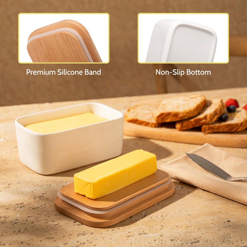 Sweese Large Butter Dish - Airtight Butter Keeper Holds Up to 2 Sticks of Butter - Porcelain Container with Beech Wooden Lid, White - Image 4