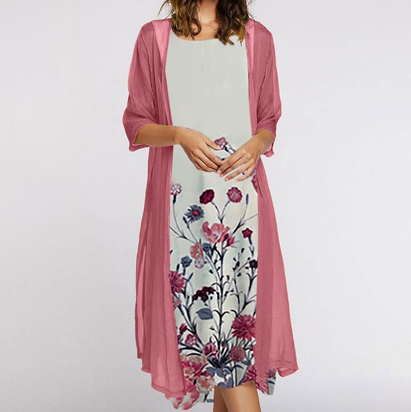 2022 European and American Amazon summer womens dress two-piece set popular flowers and plants printed round neck dress coat for women Pink small flower