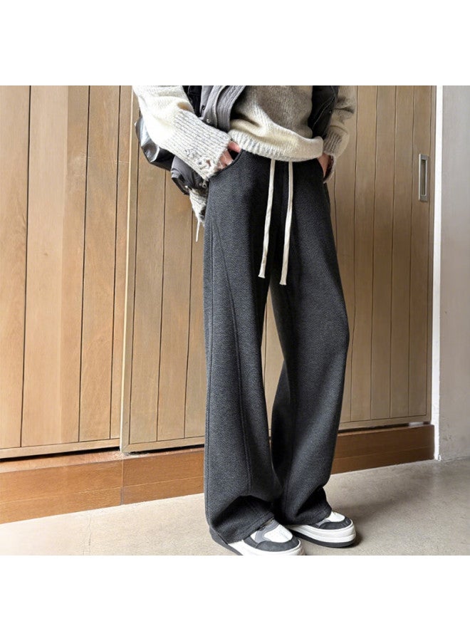 Yishangmei Women's Woolen Sports Pants Autumn Winter Fleece Lined Thickened Herringbone Wool Wide-leg Casual Pants Latest Narrow Version