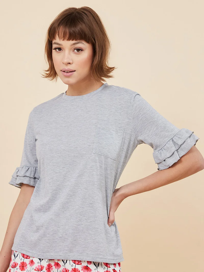 Styli Double Ruffle Sleeves Pocket T-shirt and Poppy Print Shorts Set