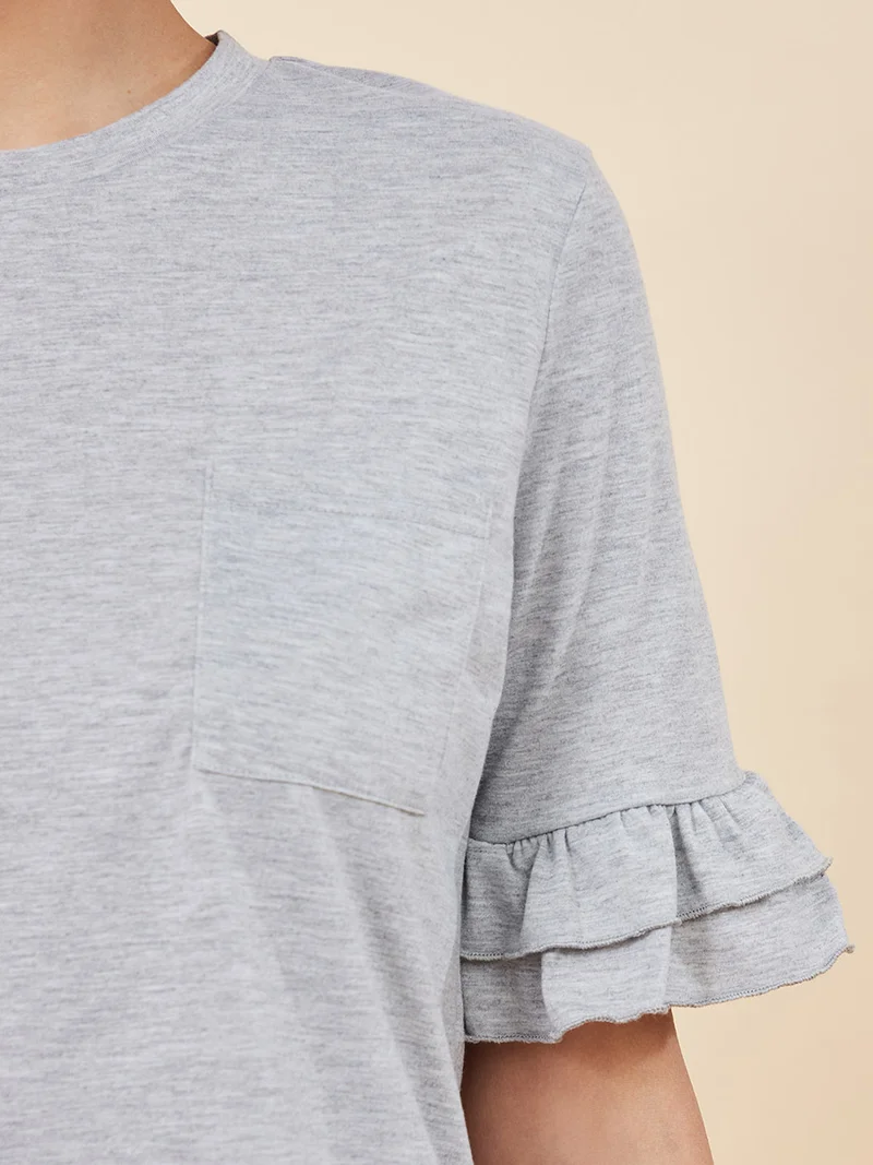 Styli Double Ruffle Sleeves Pocket T-shirt and Poppy Print Shorts Set