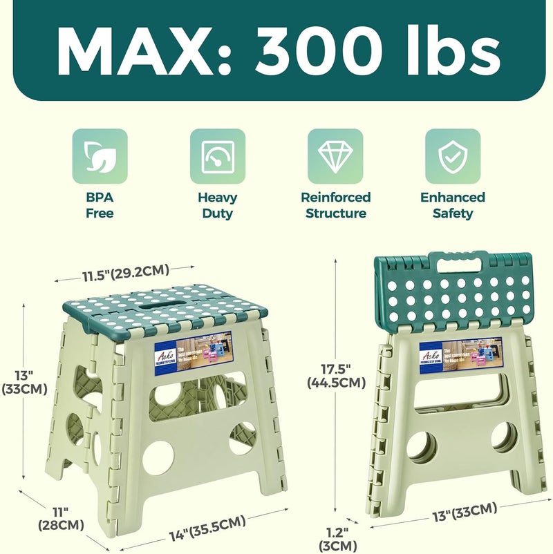 Acko Folding Step Stool 13 Inch, Sturdy Collapsible Step Stool Foldable Up to 300 lbs for Adults, Non Slip Lightweight Foot Stools with Handle, Ideal for Kitchen, Bathroom, Bedroom, Garden, Green - Image 2