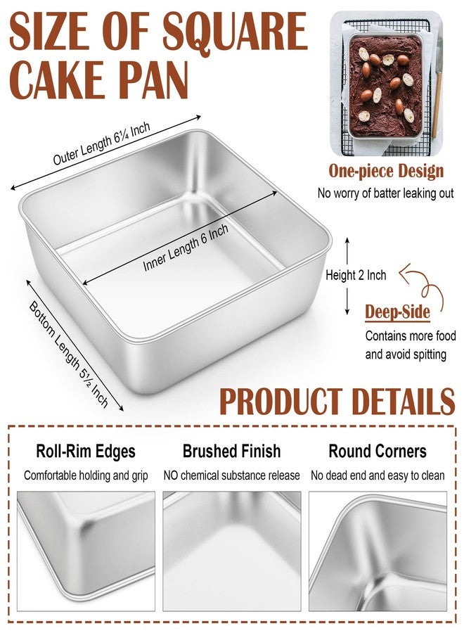 E-far 6x6 Inch Square Cake Pan, Stainless Steel Small Baking Pan for Lasagna Brownies Casseroles, Silver Square Bakeware for Oven Cooking, Non-Toxic & Rust Free, Dishwasher Safe, 2 Inch deep - Image 2