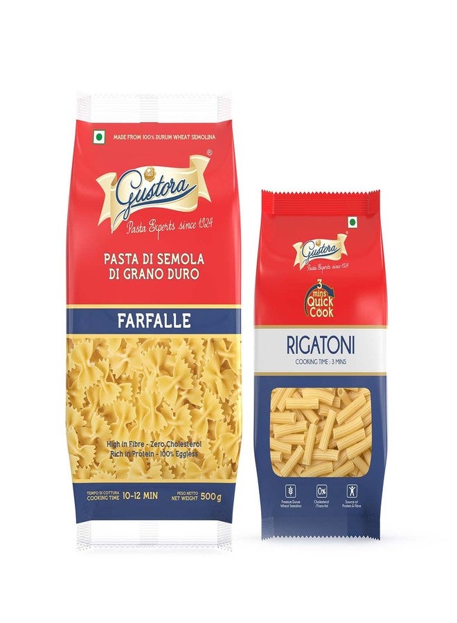 Gustora Healthy Farfalle & Rigatoni Pasta Combo Made Of Durum Wheat Semolina I Rich In Protein & Fibre I Zero Cholesterol I Vegetarian I No Trans - Fat I Cooking Time 10 Min - 700 Gm - Image 1