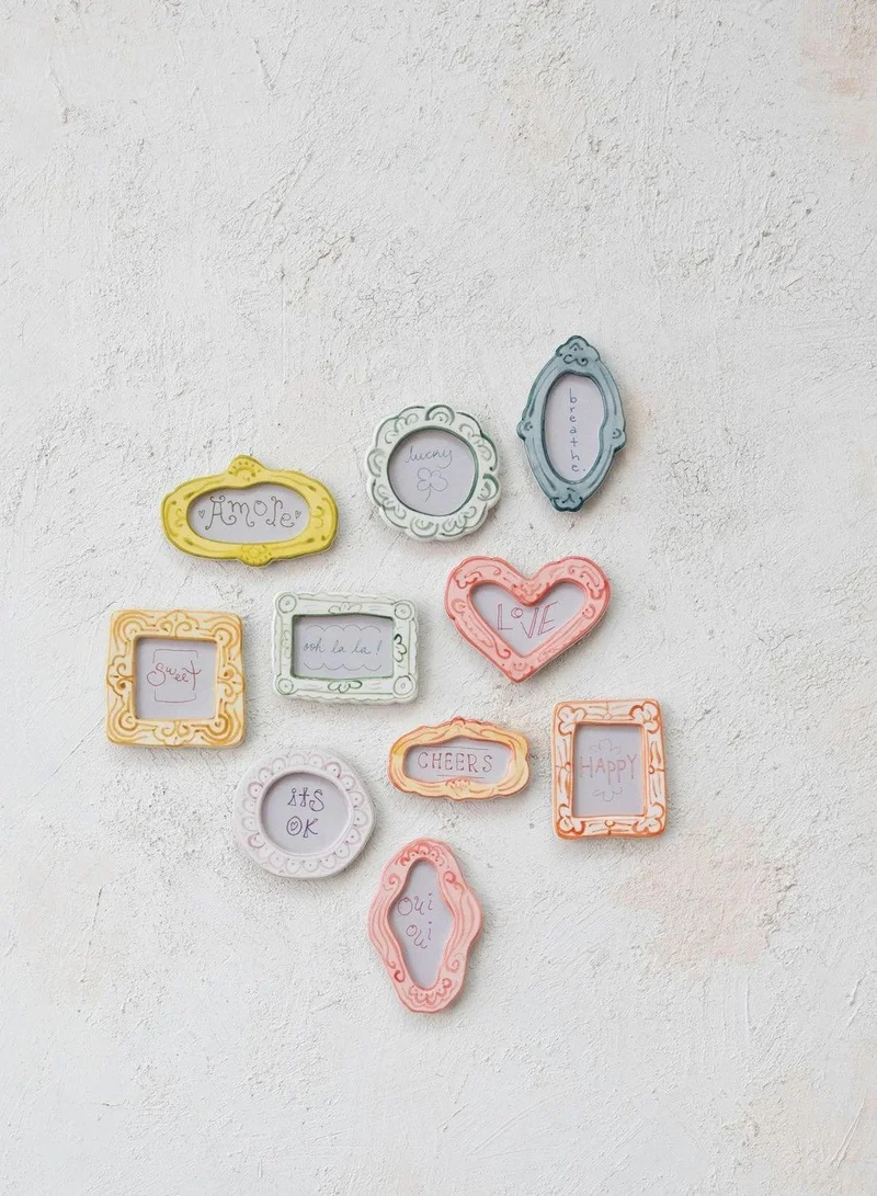 The Saffron Souk Hand-Painted Stoneware Mini Photo Frame Magnet - "cheers"