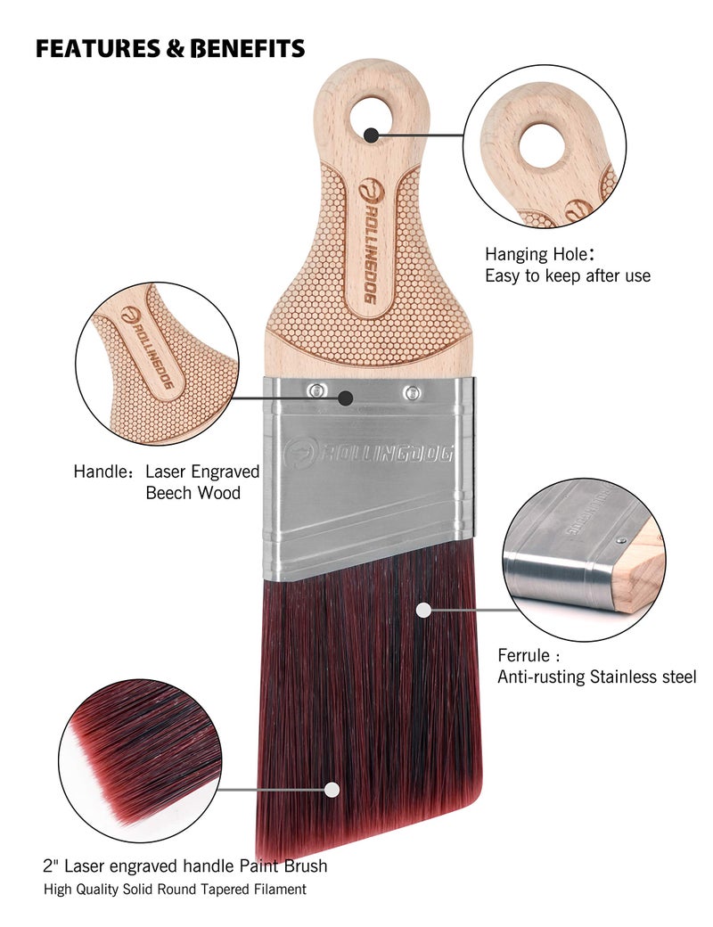 ROLLINGDOG 2 Inch Angled Paint Brush for Painting Walls, Furniture, Cutting in, Trim, Detail Painting - Image 4