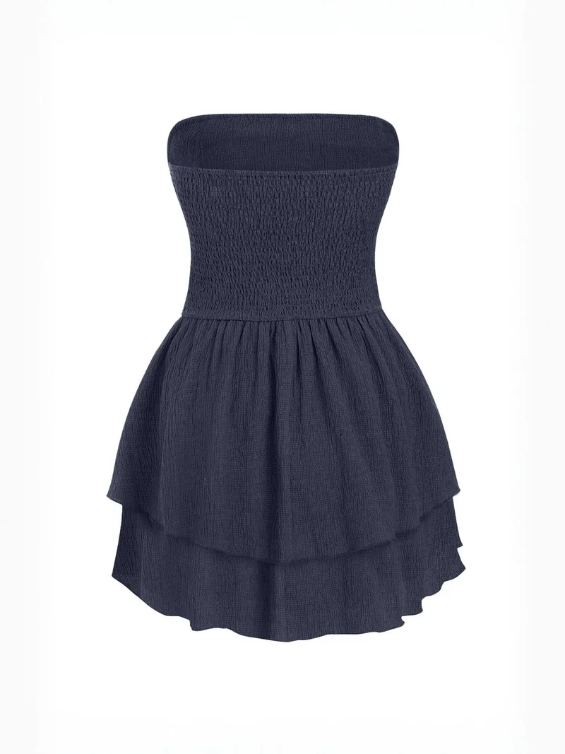 زوبعة فستان قصير مكشكش بدون حمالات بنقوش بارزة