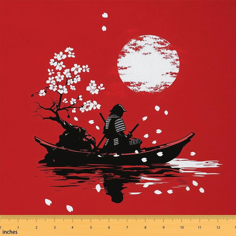 jejeloiu Japanese Samurai Fabric by The Yard Cherry Blossom Upholstery Fabric Red Sun Waterproof Indoor Outdoor Decor for DIY Sewing Craft Projects Japanese Ukiyoe 3 Yards - Image 1