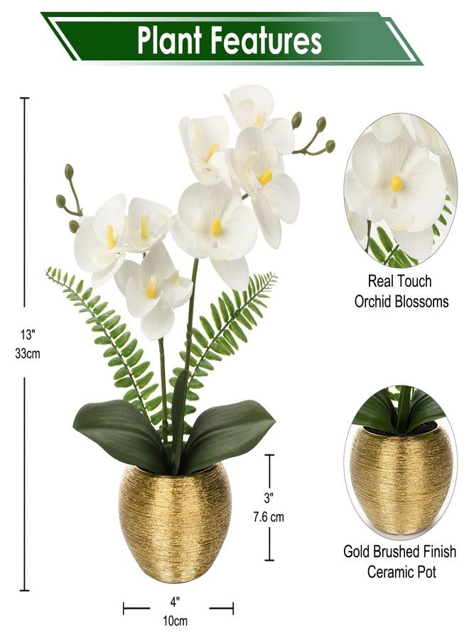 Briful Orchids Artificial Flowers 13'' Fake Orchid Flowers in Gold Ceramic Vase Silk Phalaenopsis White Orchid Flowers for Home Office Wedding Party Table Centerpiece Decor - Image 2