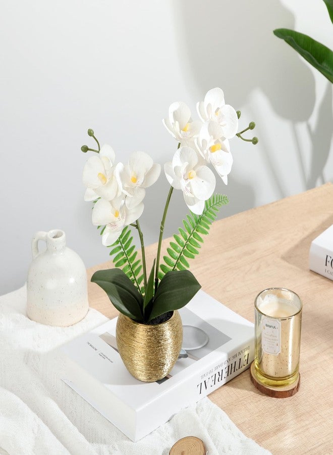 Briful Orchids Artificial Flowers 13'' Fake Orchid Flowers in Gold Ceramic Vase Silk Phalaenopsis White Orchid Flowers for Home Office Wedding Party Table Centerpiece Decor - Image 3