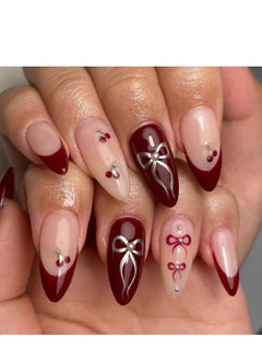 JOSQUEWNN French Tip Press on Nails,24Pcs,Sweet French Burgundy Nail Art, Bow Cherry Wearable Nail Tips, Fake Acrylic Nails With Glue Kit.  - Image 1