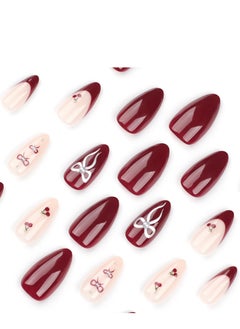JOSQUEWNN French Tip Press on Nails,24Pcs,Sweet French Burgundy Nail Art, Bow Cherry Wearable Nail Tips, Fake Acrylic Nails With Glue Kit.  - Image 3