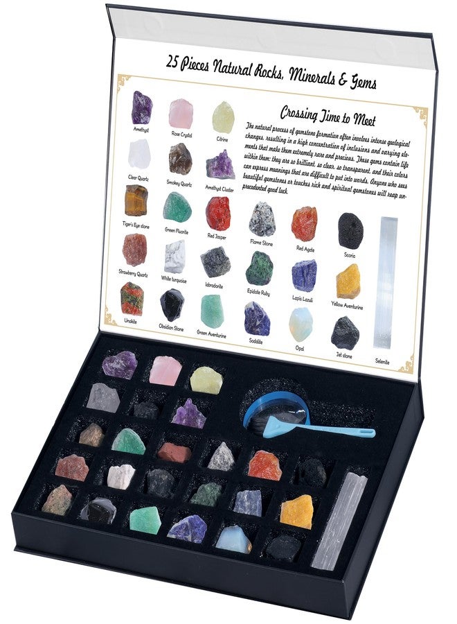 HEMYLU Rock Collection for Kids, 25PCS Crystal Gem Mineral Collection Set Box Gift for Boys and Girls, Natural Gemstone with Learning Guide Education Set - Image 1