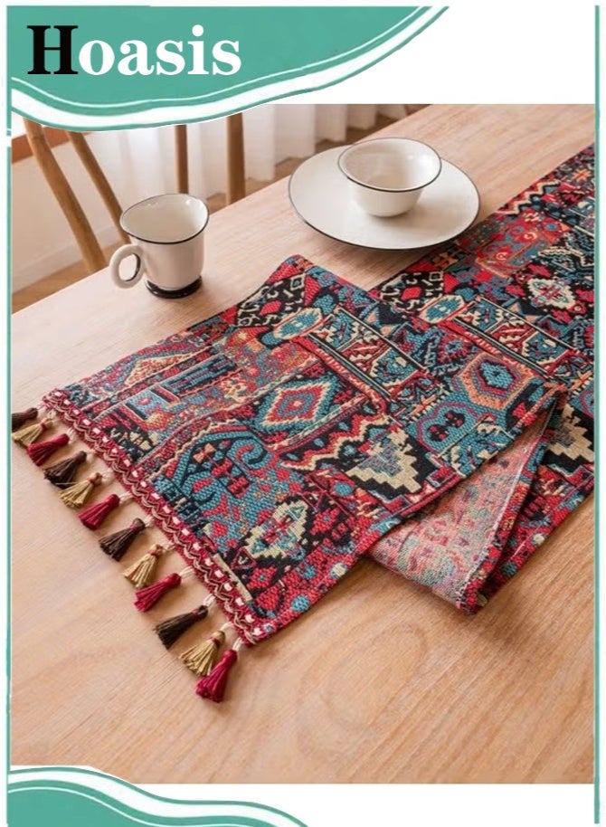 Hoasis Nordic Jacquard Table Runner with Tassels, Decorative Table Runner for Home Dining, Red 33x180 cm - Image 1