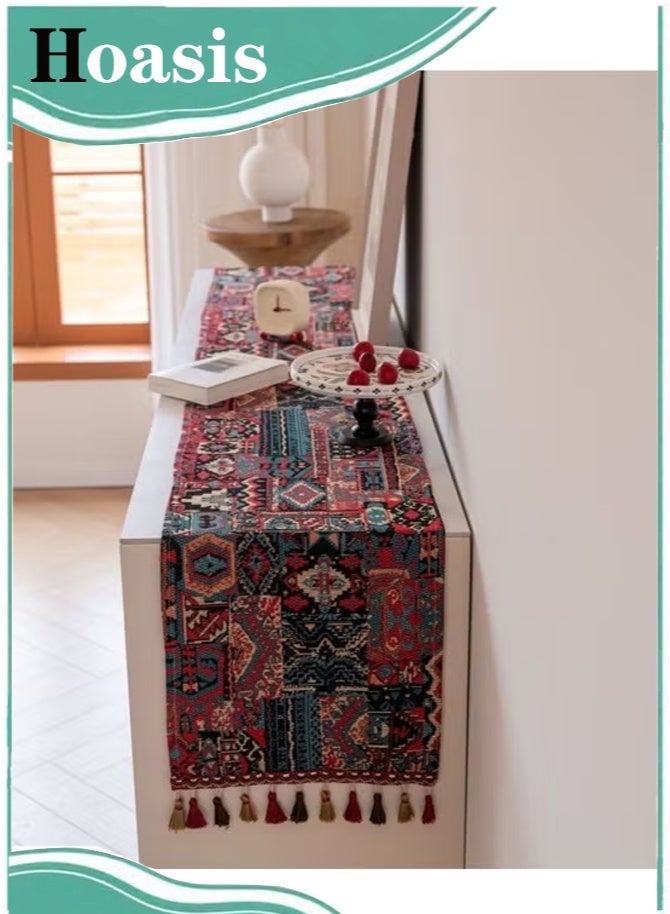 Hoasis Nordic Jacquard Table Runner with Tassels, Decorative Table Runner for Home Dining, Red 33x180 cm - Image 2
