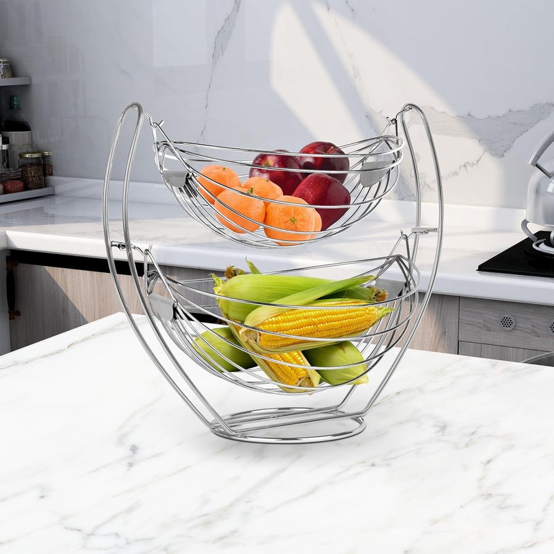 Planet Stainless Steel Double Step Tiered Shelf Swing Fruit and Vegetable Storage Basket Silver - Image 2