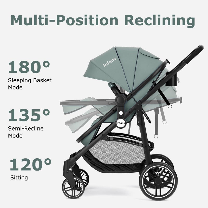 INFANS 2 in 1 Baby Stroller, High Landscape Infant Stroller & Reversible Bassinet Pram, Foldable Pushchair with Adjustable Canopy, Cup Holder, Storage Basket, Suspension Wheels (Green) - Image 4
