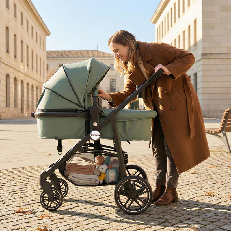 INFANS 2 in 1 Baby Stroller, High Landscape Infant Stroller & Reversible Bassinet Pram, Foldable Pushchair with Adjustable Canopy, Cup Holder, Storage Basket, Suspension Wheels (Green) - Image 2