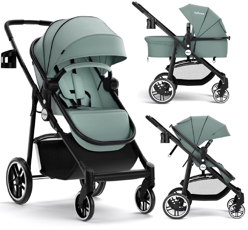 INFANS 2 in 1 Baby Stroller, High Landscape Infant Stroller & Reversible Bassinet Pram, Foldable Pushchair with Adjustable Canopy, Cup Holder, Storage Basket, Suspension Wheels (Green) - Image 1