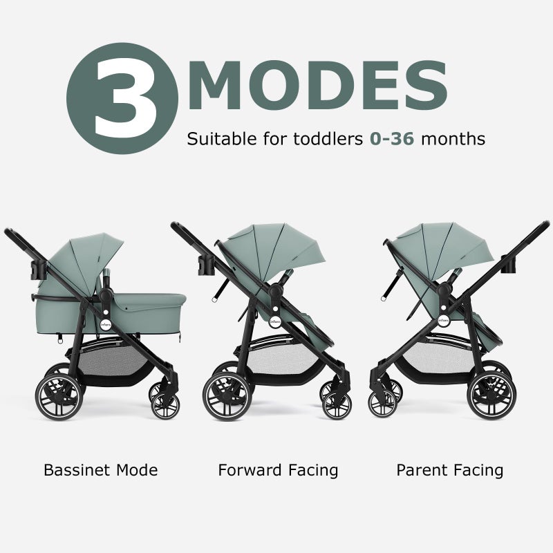 INFANS 2 in 1 Baby Stroller, High Landscape Infant Stroller & Reversible Bassinet Pram, Foldable Pushchair with Adjustable Canopy, Cup Holder, Storage Basket, Suspension Wheels (Green) - Image 3