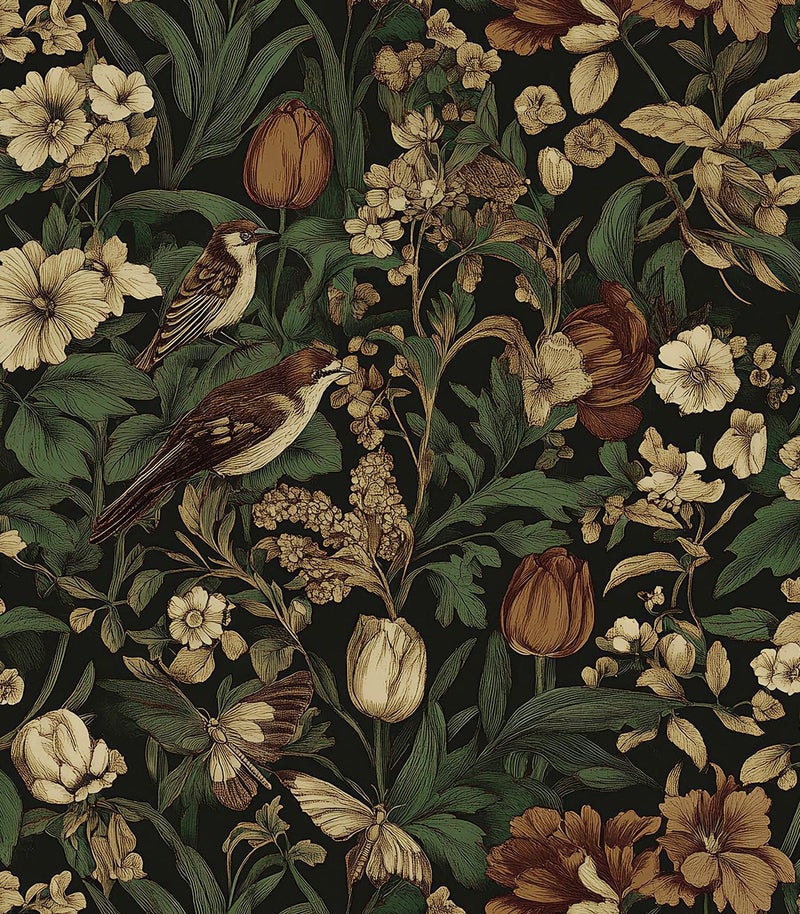 Erfoni ورق جدران عتيق مزخرف بالأزهار قابل للإزالة 17.3" x118" من إرفوني - ورق لاصق ذاتي لتزيين غرف النوم والخزائن بتصميم ريترو بوهيمي بأزهار وأوراق - Image 1