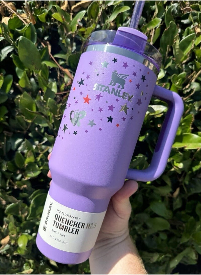 Stanley Stainless Steel Vacuum Insulated Tumbler 40oz with Lid and Straw – Durable, Leak-Resistant Double Wall Travel Cup for Hot & Cold Drinks, Perfect for Water, Iced Tea, Coffee, Smoothies, Purple with Star Design - Image 2