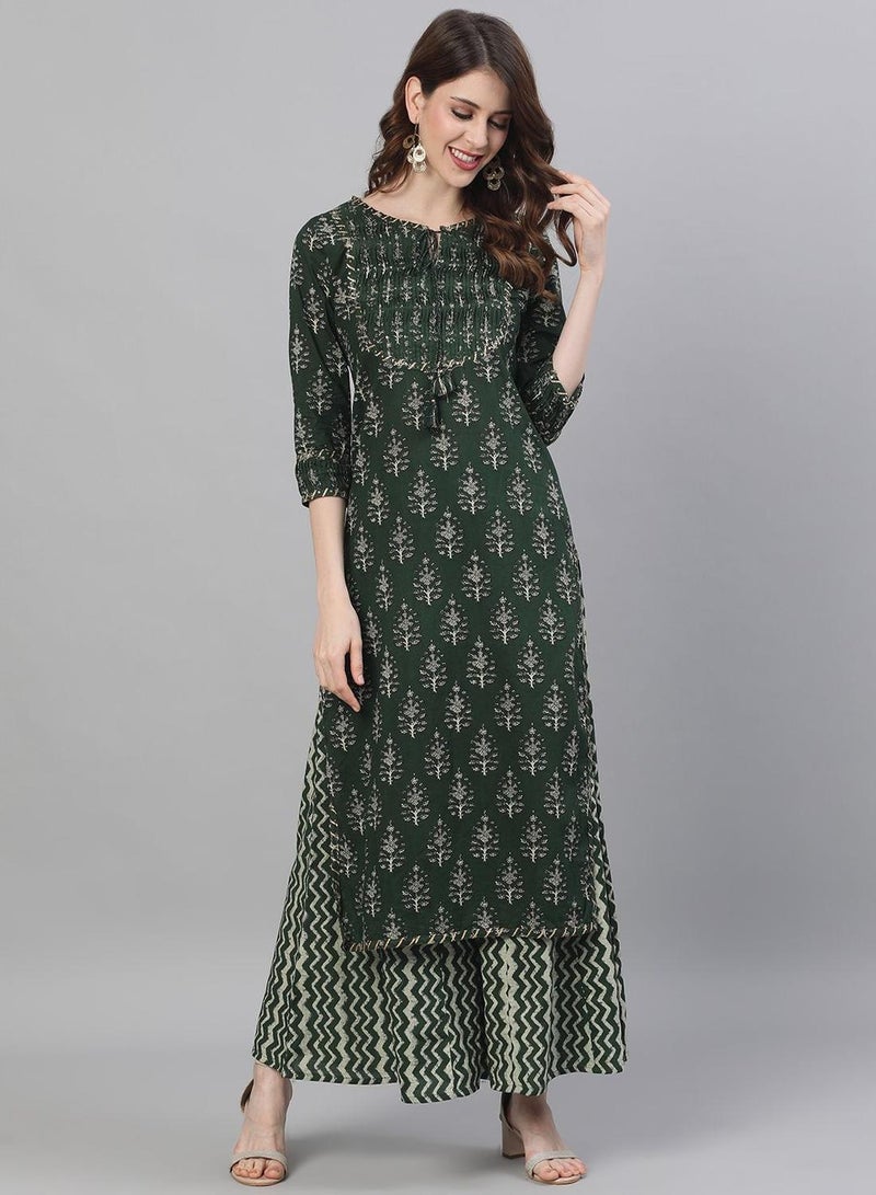 ISHIN Women's Olive 100% Cotton Printed Regular Fit Kurta Set  - Image 1