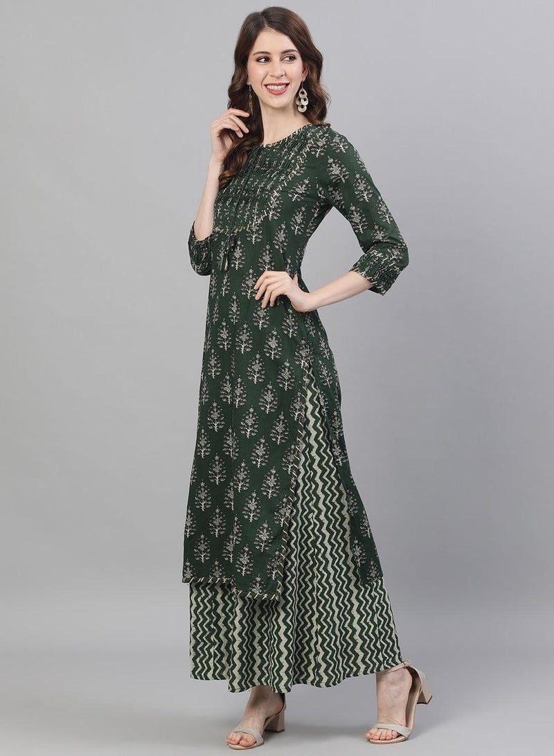 ISHIN Women's Olive 100% Cotton Printed Regular Fit Kurta Set  - Image 5