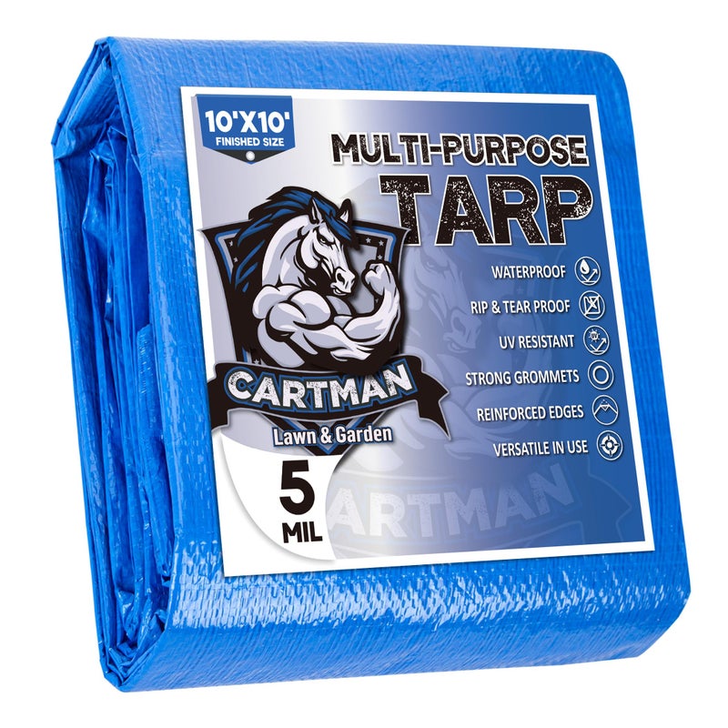 CARTMAN Finished Size 10x10 Feet Blue Poly Tarp 5 Mil Thick, Multipurpose Protective Cover for Camping, Tent, Boat, RV, Car - Image 1