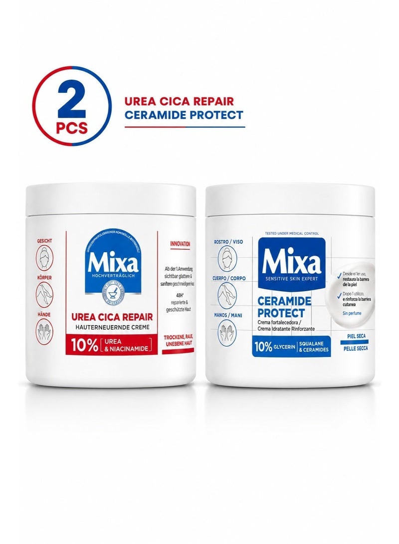 Mixa Hydration & Barrier Repair Duo – Urea Cica Repair 10% + Ceramide Protect 10% Creams, Face, Body & Hands, 2 x 400ml - Image 1