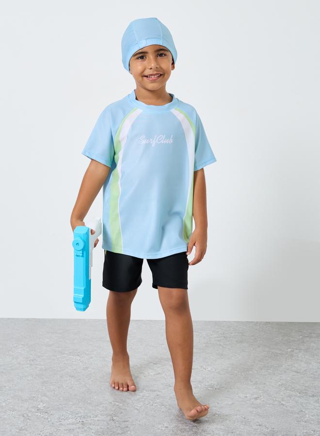 ستايلي طقم ستايلي من  قطع - بلوزة سباحة بأكمام راجلان مطبوعة وشورت وقبعة - Image 1