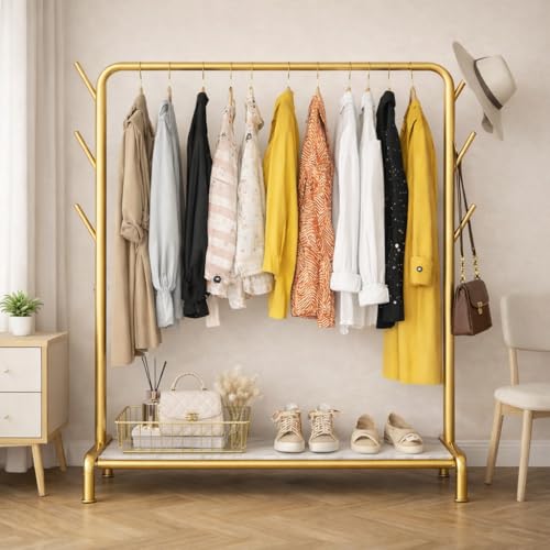 Owme Heavy Duty Metal Garment Rack with Wheels | Portable Clothes Hanging Stand | Rolling Clothing Rack for Bedroom, Laundry & Retail Store | Space Saving Cloth Stand (POLE GOLD, SINGLE STAND) - Image 1