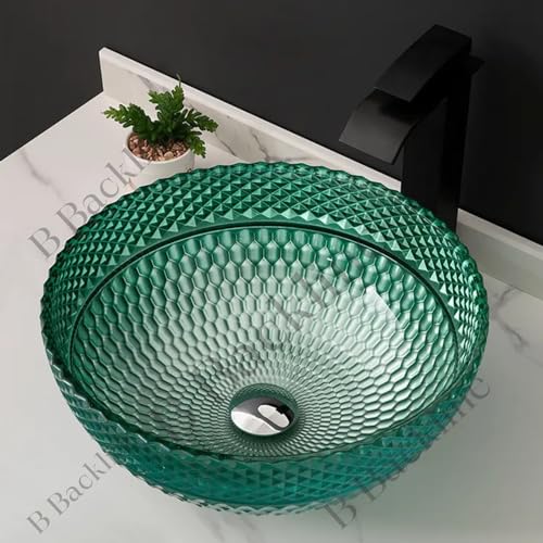B Backline Luxury Glass Basin | Table Top or Counter Top Wash Bowl for Bathroom & Livingrooms | 42 X 42 X 18 Cm (Green) - Image 1