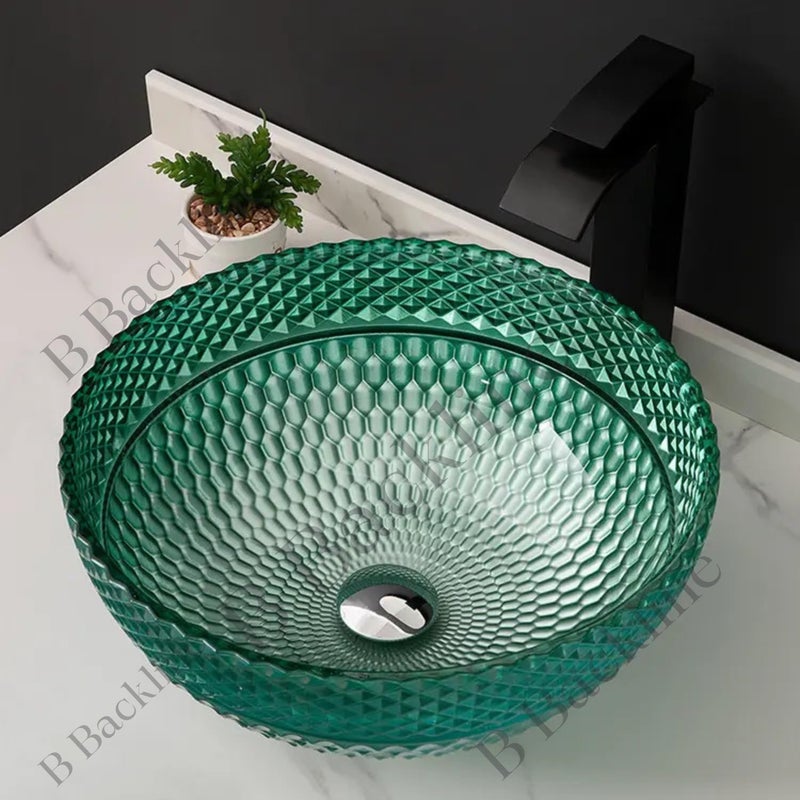 B Backline Luxury Glass Basin | Table Top or Counter Top Wash Bowl for Bathroom & Livingrooms | 42 X 42 X 18 Cm (Green) - Image 4