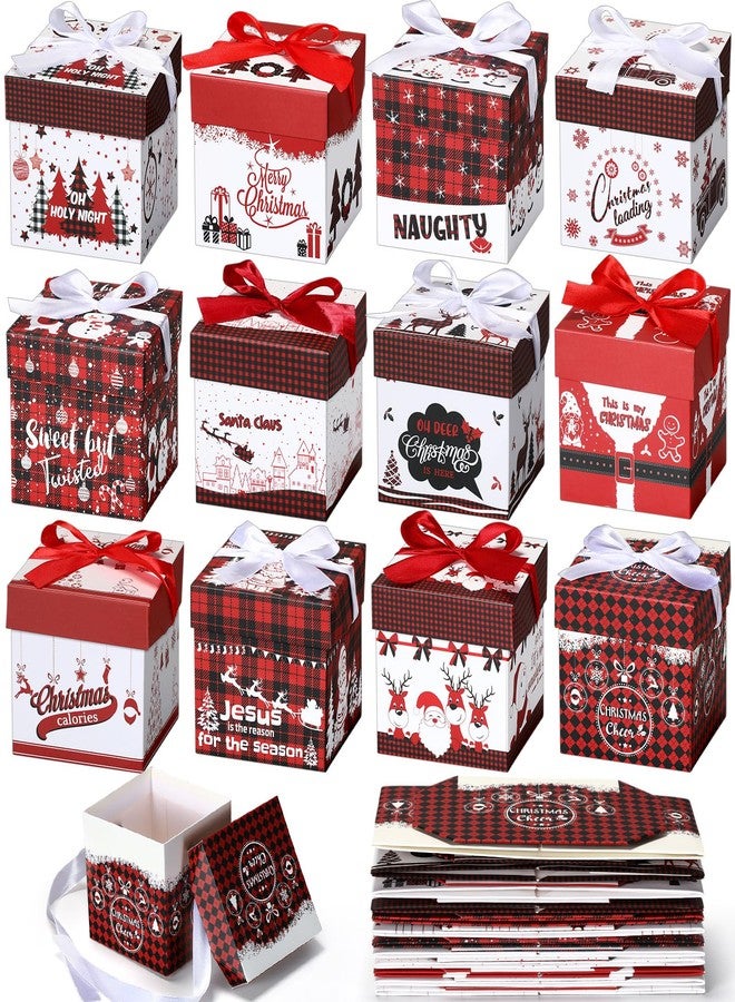 Cholemy 60 Pieces Christmas Gift Boxes with Lids Small Squared Boxes with Ribbon Xmas 4x4x4 Boxes Holiday Bow Box Gift Wrap Boxes for Christmas Party Favor Present, 12 Designs(Red Style - Image 1
