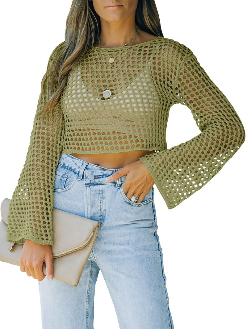 Runcati Womens Fishnet Crochet Crop Top Sexy Long Sleeve See Through Hollow Out Mesh Bikini Cover Ups Army Green - Image 1