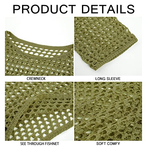 Runcati Womens Fishnet Crochet Crop Top Sexy Long Sleeve See Through Hollow Out Mesh Bikini Cover Ups Army Green - Image 4
