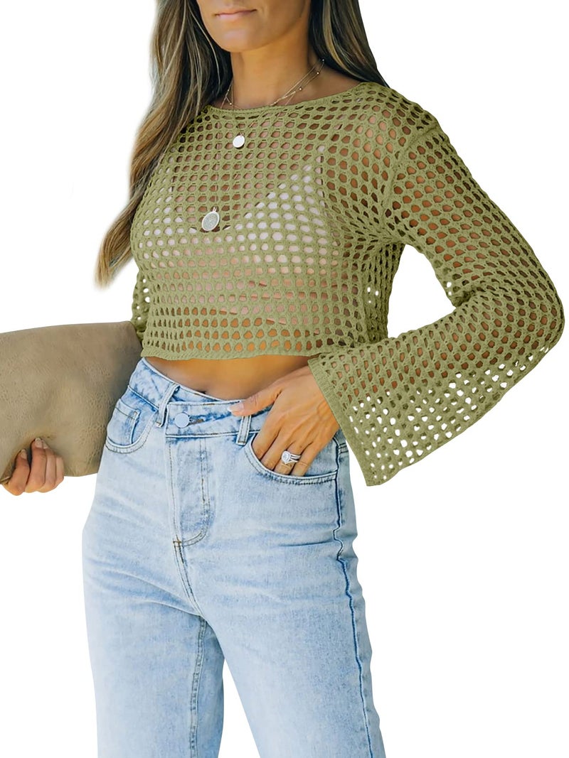 Runcati Womens Fishnet Crochet Crop Top Sexy Long Sleeve See Through Hollow Out Mesh Bikini Cover Ups Army Green - Image 2