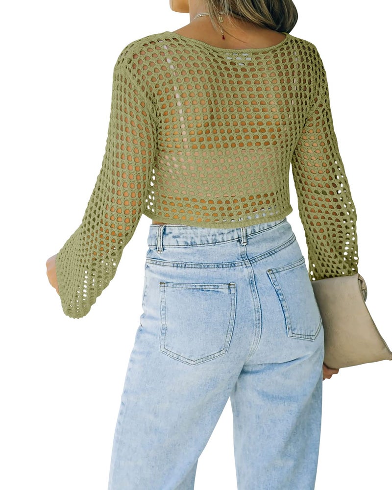 Runcati Womens Fishnet Crochet Crop Top Sexy Long Sleeve See Through Hollow Out Mesh Bikini Cover Ups Army Green - Image 3