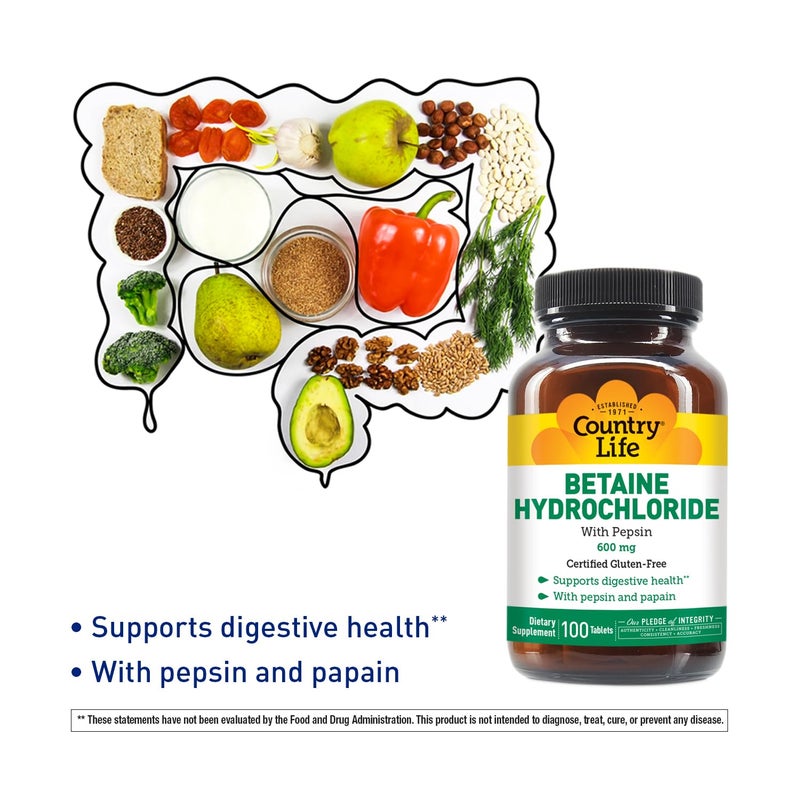 Country Life Betaine Hydrochloride with Pepsin, 600mg, 100 Tablets, Certified Gluten Free - Image 2