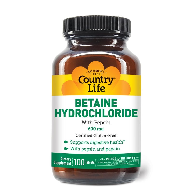 Country Life Betaine Hydrochloride with Pepsin, 600mg, 100 Tablets, Certified Gluten Free - Image 1