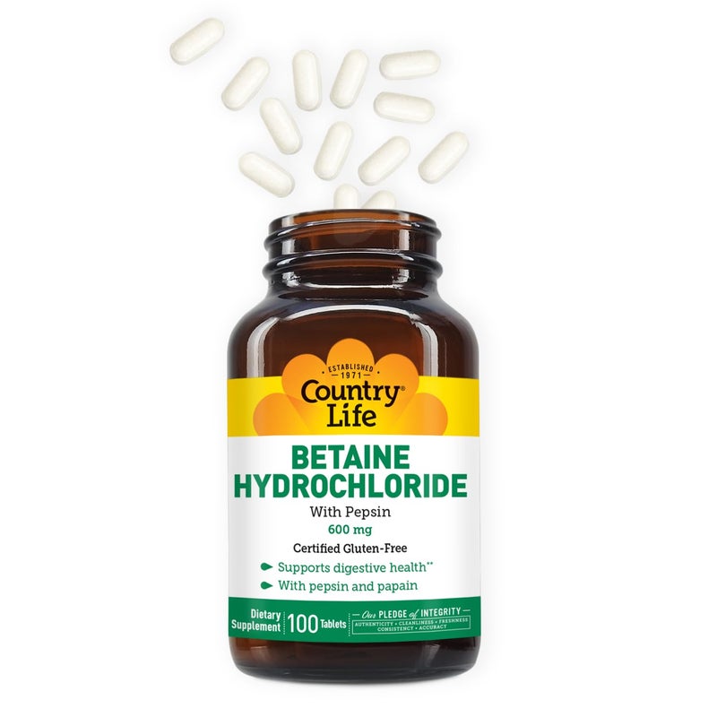 Country Life Betaine Hydrochloride with Pepsin, 600mg, 100 Tablets, Certified Gluten Free - Image 5