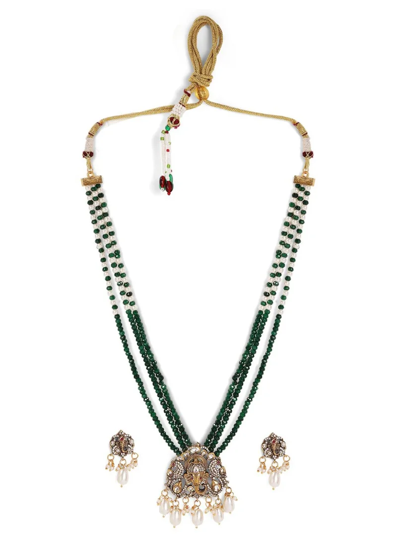 Priyaasi American Diamond-Studded  Pearls Beaded Jewellery Set