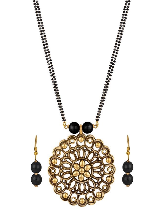 JFL - Jewellery for Less Traditional Flower Pendant with Double Chain Gold Oxidise Plated Mangalsutra,Valentine - Image 4