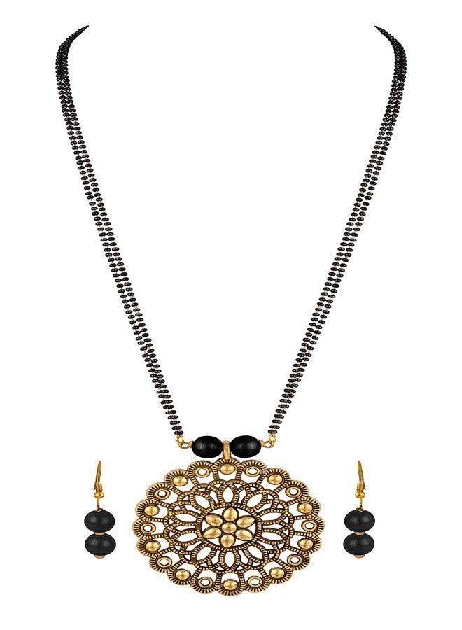 JFL - Jewellery for Less Traditional Flower Pendant with Double Chain Gold Oxidise Plated Mangalsutra,Valentine - Image 5