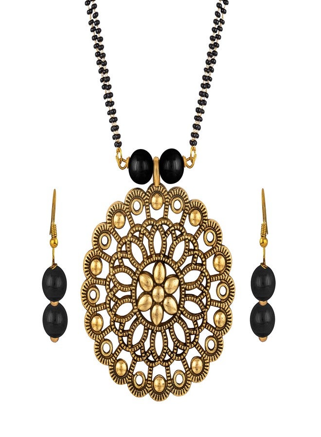 JFL - Jewellery for Less Traditional Flower Pendant with Double Chain Gold Oxidise Plated Mangalsutra,Valentine - Image 1